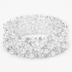 Formal White Faux Pearl and Silver Rhinestone Stretch Bracelet 
